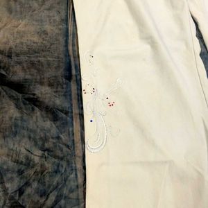 Beige Embroidered Flare Pants