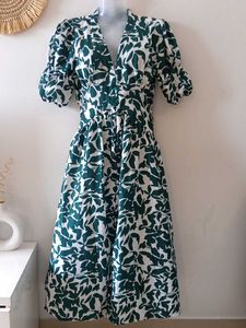 Green &amp; White Botanical Print Midi Dress