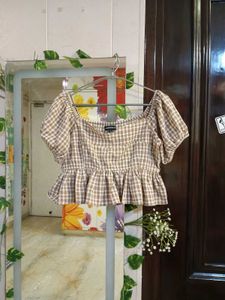 Women’s Brown Gingham Check Peplum Crop Top