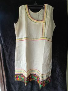 Off-white Kurti with Multicolour Border Embroidery