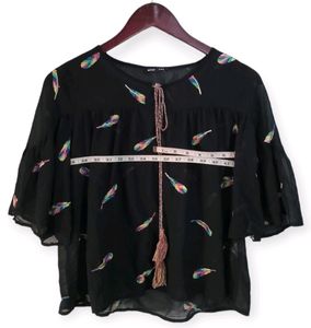 HSTYLE Black Feather Design Tie-Neck Dress Women