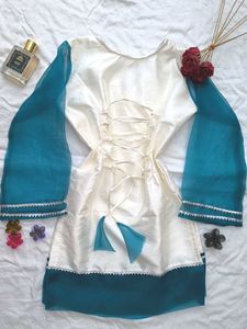 Elegant Teal &amp; White Corset Kurta Trouser Set🫶🏻