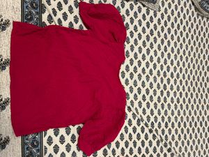 Red Puff Sleeve Button-Up Top