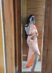 Orange Satin Side Slit Maxi Dress . P R I CE  DROP