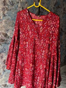 Red Print Bell Sleeve Dress