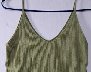 Green Ribbed V-Neck Tank Top