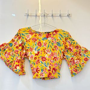 Yellow Ruffle Sleeve Crop Top | People(Pantaloons)