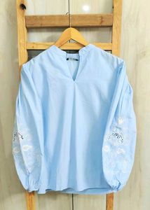 Blue Embroidered Sleeve Top size-42