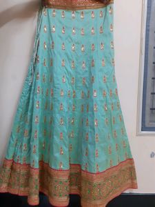 Pista Green Pink Bridal Lehenga Semi Stitched
