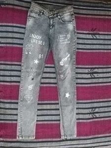 Graphic Printed Grey Denim Jeans
