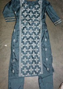Grey Thread Work Suit With Dupatta