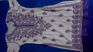 Embroidered White Purple Cotton Kurti