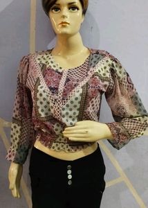 Beautiful Printed Pink Crop Top With Elastic Waist