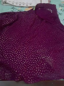 Purple saree with gold polka dots