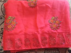 Embroidered Coral Saree
