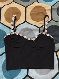 Floral Trim Black Crop Top