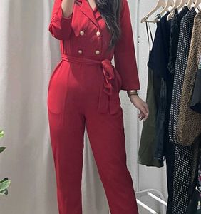 red blazer style jumpsuit with self tie up lace