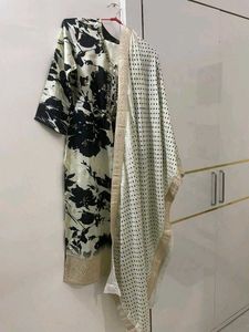 Metallic Black and Cream digital print Silk suit