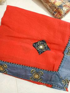 Elegant Red & Blue Embroidered Saree