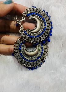 Blue Beaded Crescent Earrings