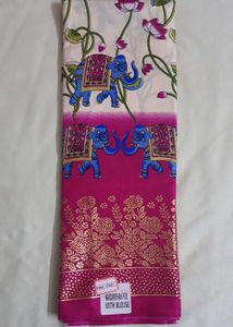 Elephant Print Cream With PINK Color Saree