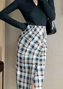 Plaid Midi Skirt with Button Detail