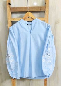 Blue Embroidered Sleeve Top size-42