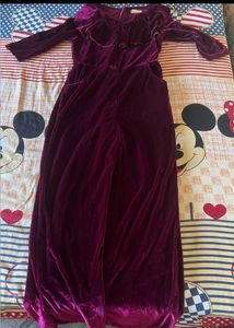 BURGUNDY VELVET RUFFLES JUMPSUIT
