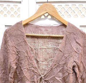 Brown Tie Front Sheer Knit Cardigan B
