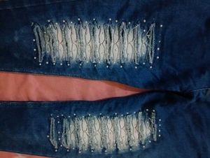 Distressed Embellished Blue Jeans
