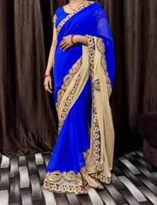Beautiful Royal Blue Saree with Gold Lace