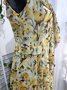 Yellow Ruffled Printed Knee Length Dress