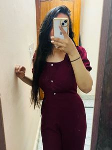 Elegant Maroon Puff Sleeve Jumpsuit |