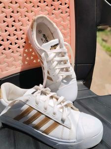 White &amp; Gold Stripe Sneakers