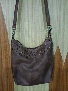 Brown Leather Shoulder Bag with Studded Design |