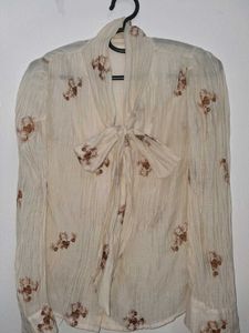 Tan Minimal Tie Up Shirt With Flower Embroidery