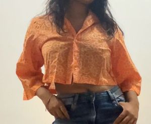 SassProject Orange Bandhani Ethnic Crop Boxy Shirt