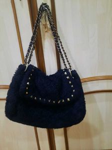 Fuzzy Navy & Gold Studded Shoulder Bag