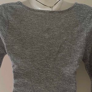 Grey Ribbed Long Sleeve Top