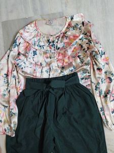 Floral Blouse & Green Pants Set