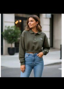 Olive Green Crop Polo Top