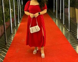 Red Off-Shoulder Slit Dress