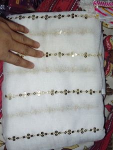 White Sequence Saree With Stitched Blouse