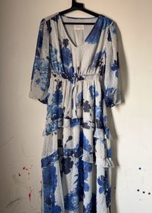 Blue And White Dress With Tie Waist