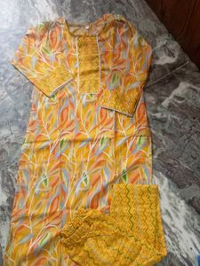 Yellow Floral Print Kurta with Pants