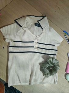 Striped Knit Polo Top
