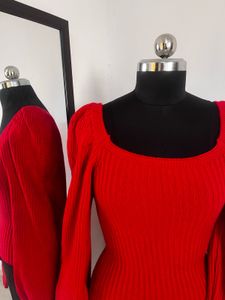 Red Knit Square Neck Top