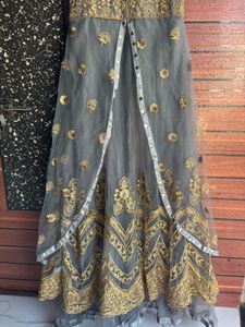 Elegant Grey &amp; Gold Anarkali Kurta Set with embroi