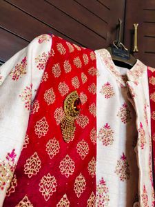 Groom Cream Embroidered Silk Sherwani Set, Jutti