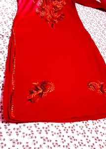 Handwork Chikenkari Red Embroidered Kurta